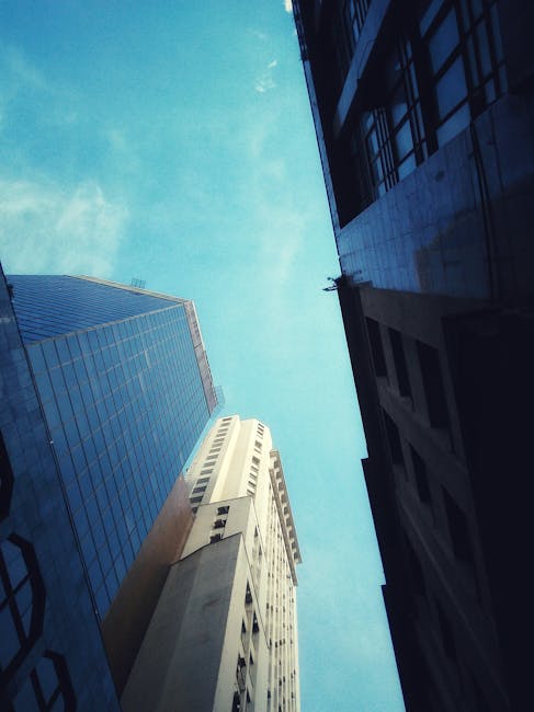 Low angle shot of skyscrapers in Centro Histórico, São Paulo, against a vibrant sky.